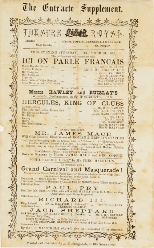 Handbill from The Entr'acte Supplement for a performance at Theatre Royal