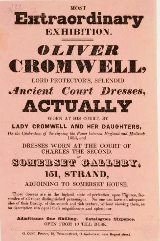 Handbill for an exhibition of Oliver Cromwell's wardrobe at Somerset Gallery 151 Strand