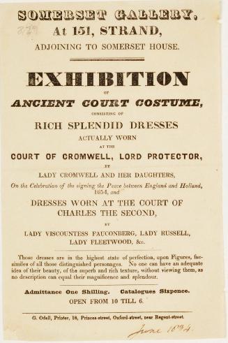 Handbill for an Exhibition of Ancient Court Costume at Somerset Gallery, No. 151 Strand