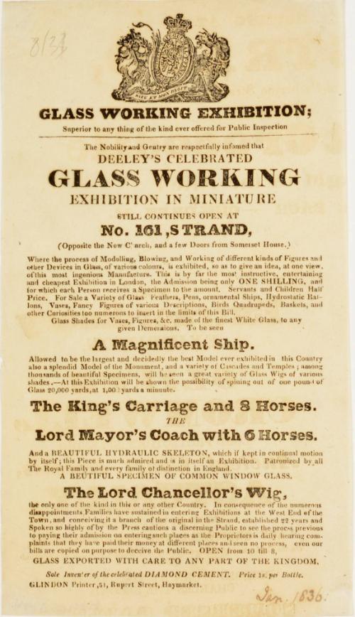 Handbill for Glass Working Exhibition at  No.161 Strand