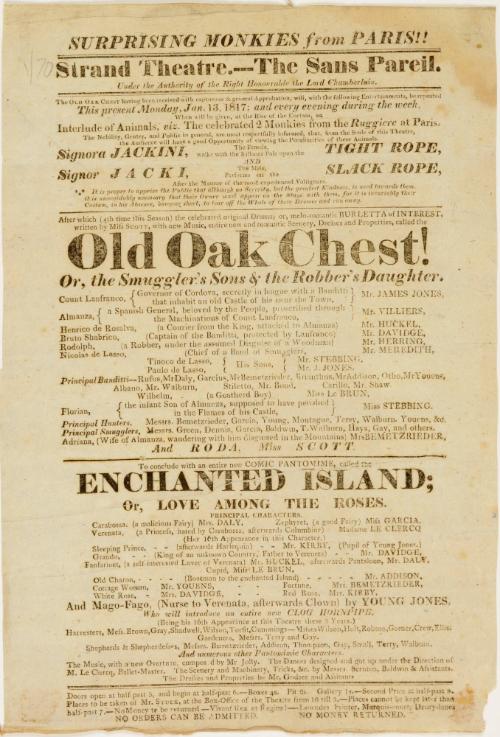 Handbill from Stand Theatre, The Sans Pareil. January 13, 1817.