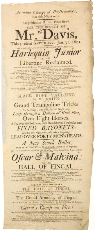 Playbill for Amphitheatre Royal, Peter Street, Dublin. January 31, 1801