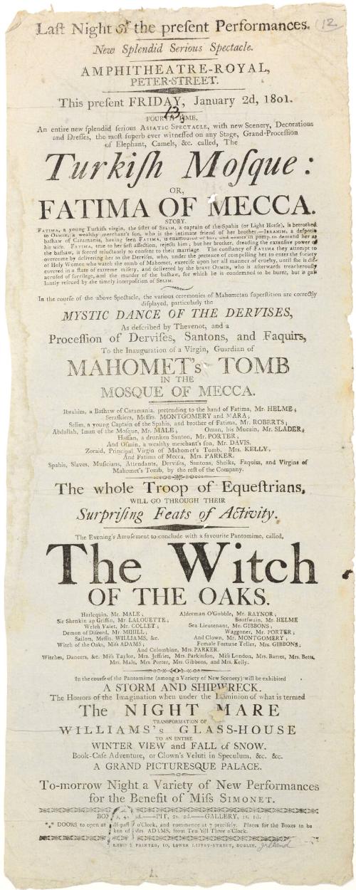 Playbill for Amphitheatre Royal, Peter Street, Dublin. January 2, 1801