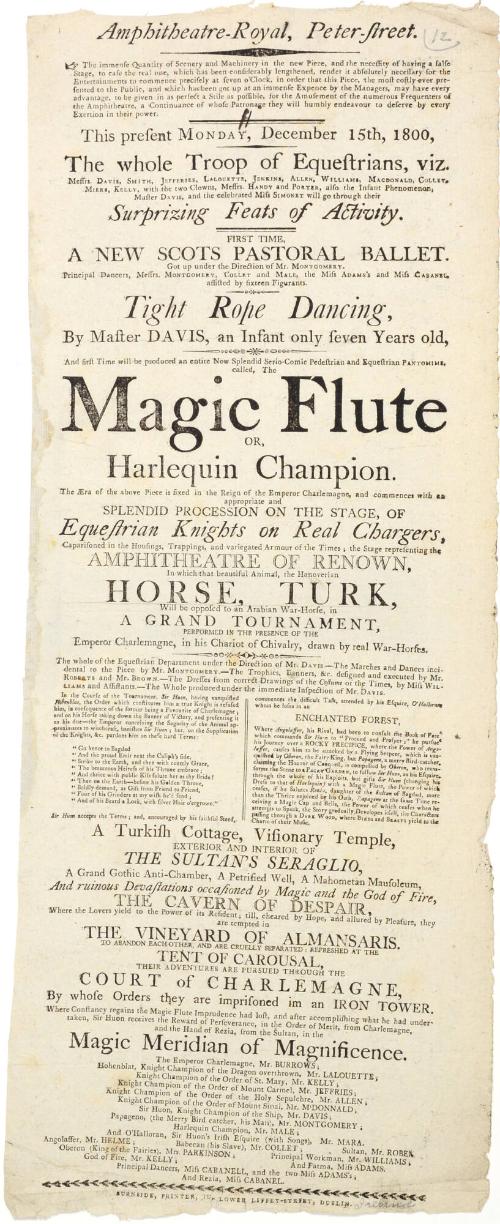 Playbill for Amphitheatre-Royal, Peter Street, Dublin. December 15, 1800