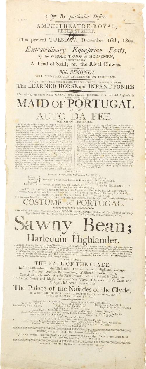 Playbill for Amphitheatre Royal, Peter Street, Dublin. December 16, 1800.