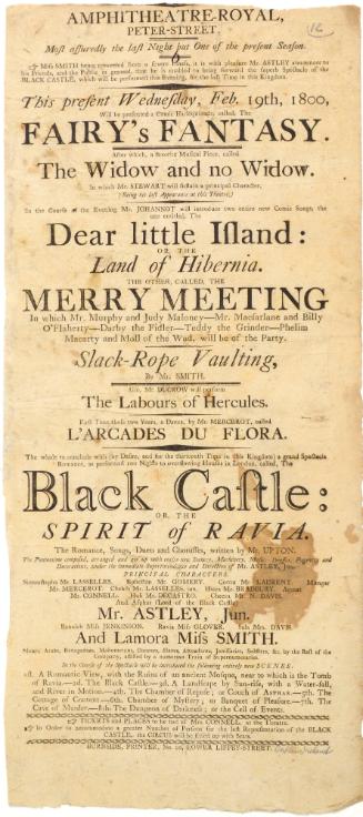 Playbill for Amphitheatre Royal, Peter Street, Dublin. February 19, 1800