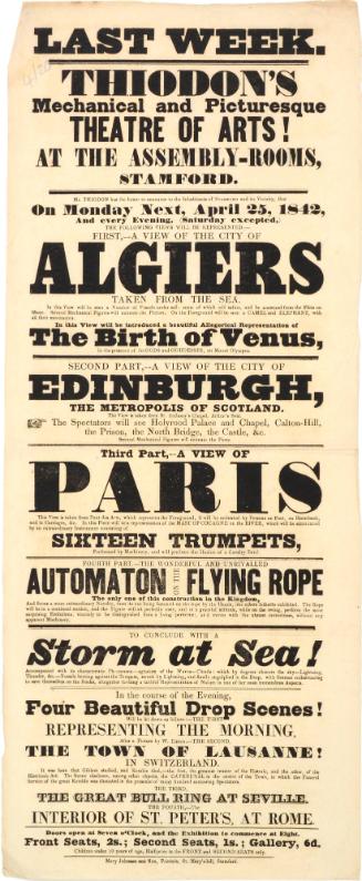Playbill for Thiodon's Mechanical and Picturesque Theatre of Arts at the Assembly Rooms, Stamford. April 25, 1842