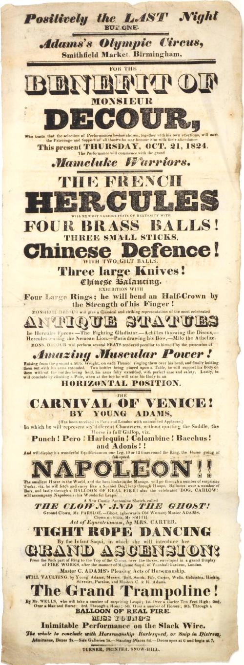 Playbill for Adams's Olympic Circus. October 21, 1824.