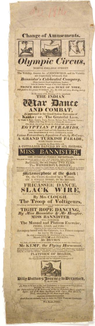 Playbill for Olympic Circus, Edinburgh. January 16, 1816