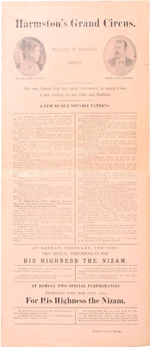 Playbill for Harmston's Grand Circus, British Empire, 1903