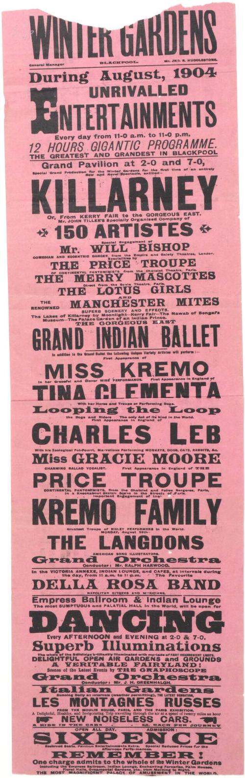 Playbill for Winter Gardens, Blackpool. August 1904.